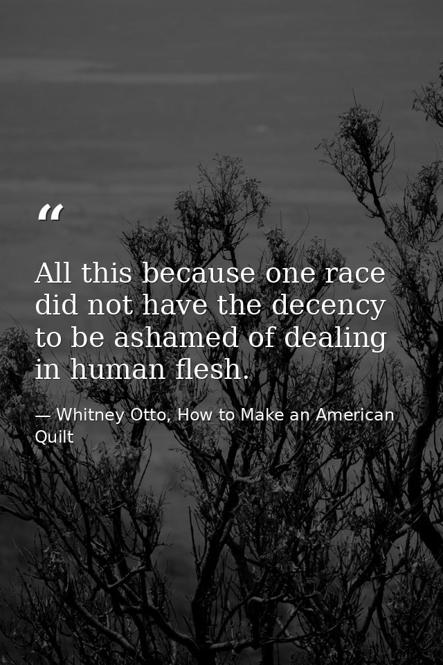 All this because one race did not have the decency to be ashamed of dealing in human flesh. — Whitney Otto, How to Make an American Quilt