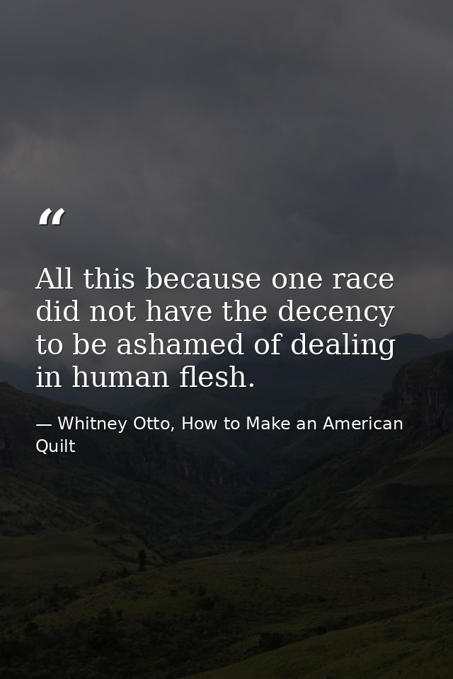 All this because one race did not have the decency to be ashamed of dealing in human flesh. — Whitney Otto, How to Make an American Quilt