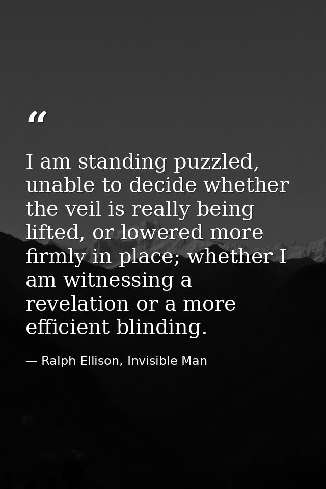 I am standing puzzled, unable to decide whether the veil is really being lifted, or lowered more firmly in place; whethe — Ralph Ellison, Invisible Man