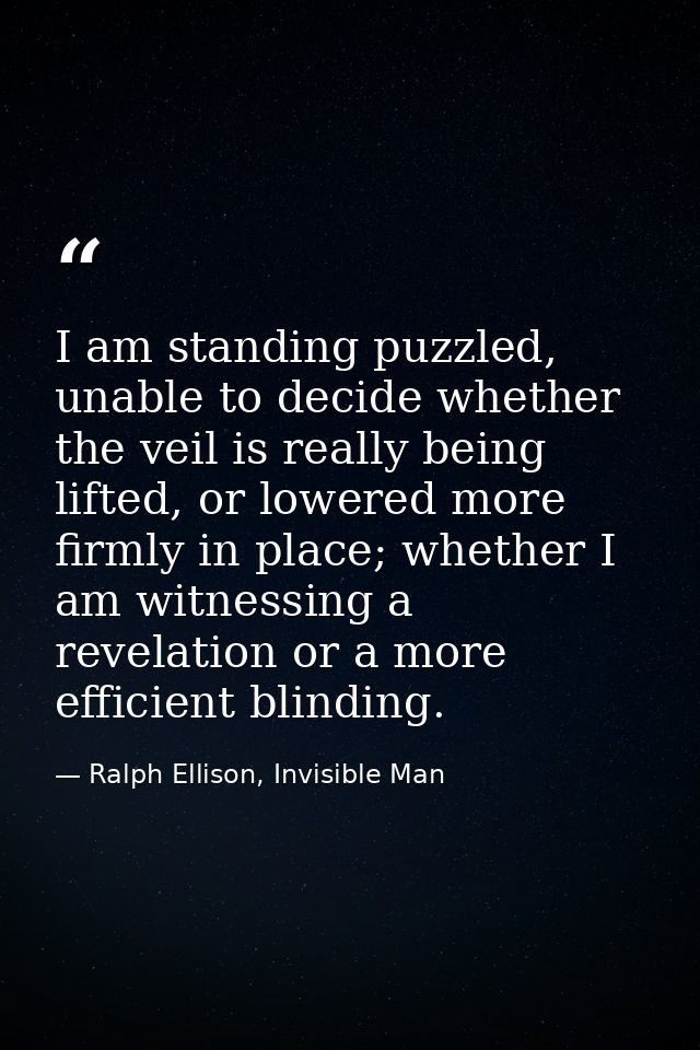 I am standing puzzled, unable to decide whether the veil is really being lifted, or lowered more firmly in place; whethe — Ralph Ellison, Invisible Man