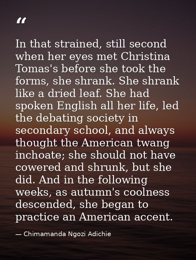 In that strained, still second when her eyes met Christina Tomas's before she took the forms, she shrank. She shrank lik — Chimamanda Ngozi Adichie