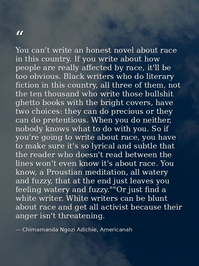 You can't write an honest novel about race in this country. If you write about how people are really affected by race, i — Chimamanda Ngozi Adichie, Americanah