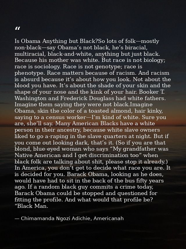 Is Obama Anything but Black?So lots of folk—mostly non-black—say Obama’s not black, he’s biracial, multiracial, black-an — Chimamanda Ngozi Adichie, Americanah