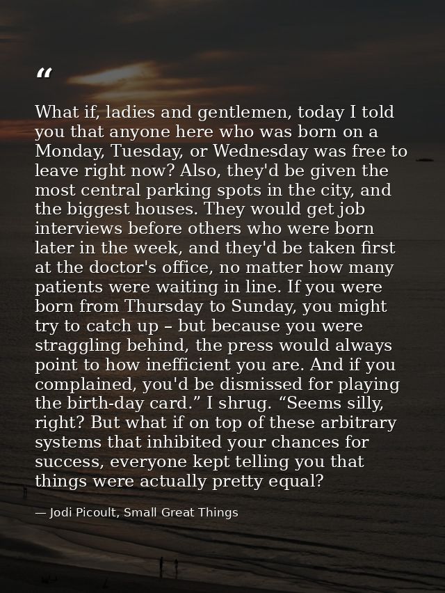 What if, ladies and gentlemen, today I told you that anyone here who was born on a Monday, Tuesday, or Wednesday was fre — Jodi Picoult, Small Great Things