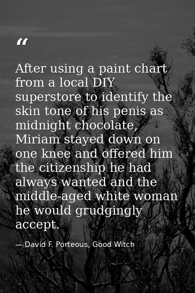After using a paint chart from a local DIY superstore to identify the skin tone of his penis as midnight chocolate, Miri — David F. Porteous, Good Witch