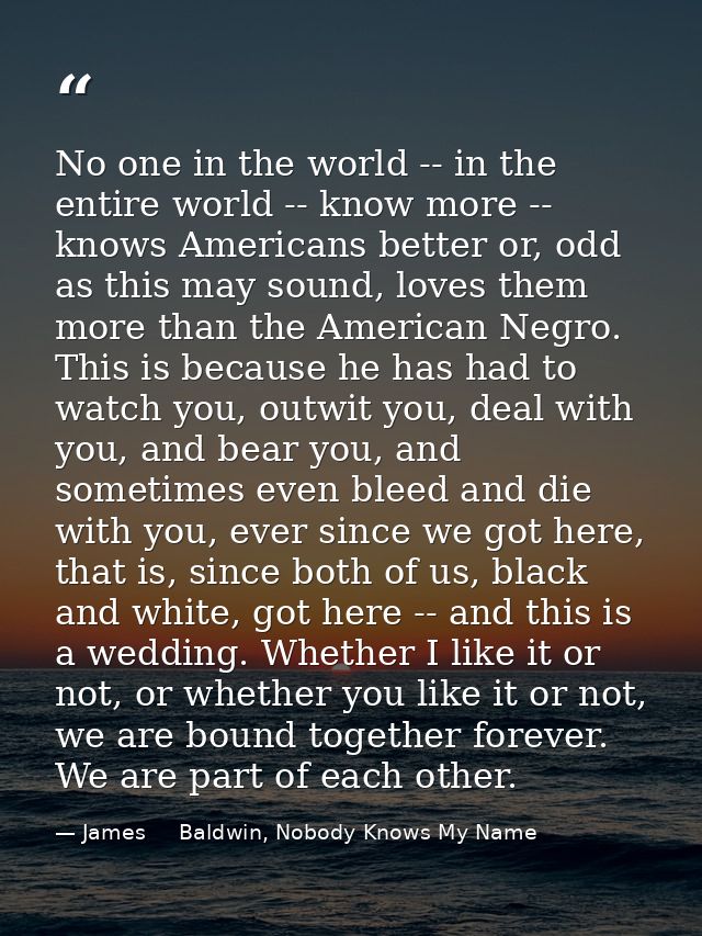 No one in the world -- in the entire world -- know more -- knows Americans better or, odd as this may sound, loves them  — James     Baldwin, Nobody Knows My Name