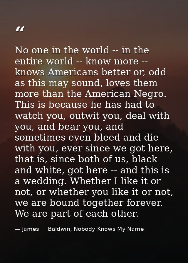 No one in the world -- in the entire world -- know more -- knows Americans better or, odd as this may sound, loves them  — James     Baldwin, Nobody Knows My Name