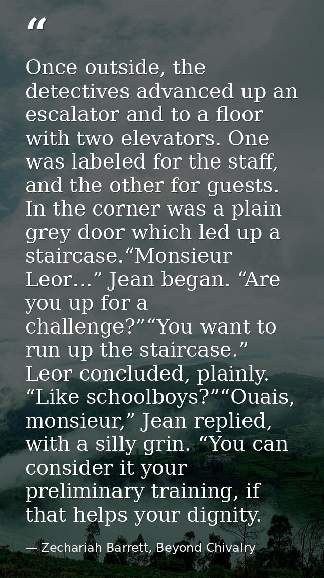 Once outside, the detectives advanced up an escalator and to a floor with two elevators. One was labeled for the staff,  — Zechariah Barrett, Beyond Chivalry