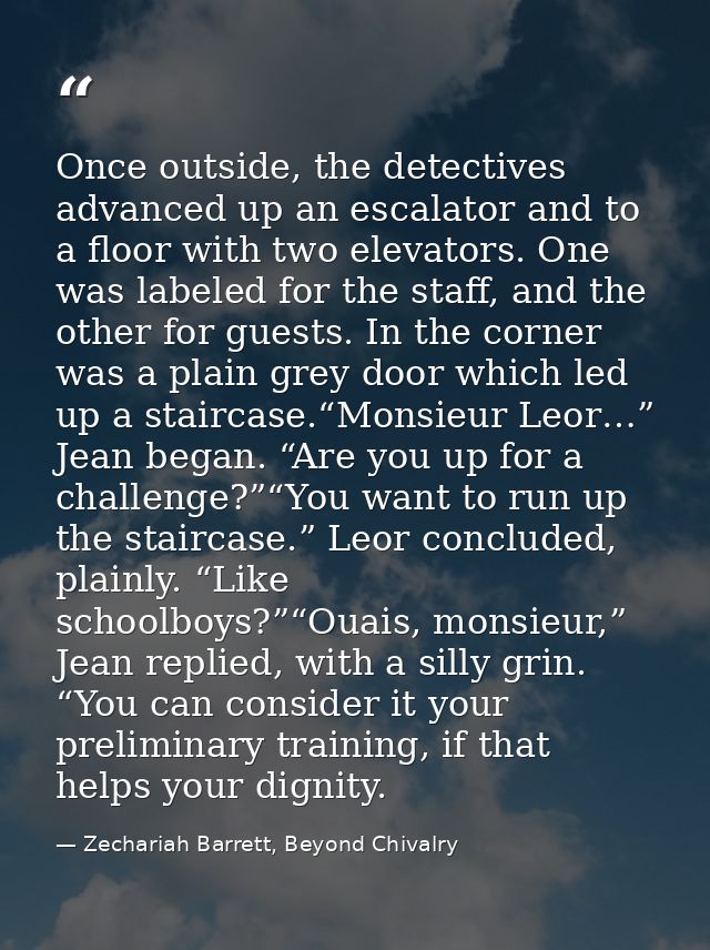 Once outside, the detectives advanced up an escalator and to a floor with two elevators. One was labeled for the staff,  — Zechariah Barrett, Beyond Chivalry