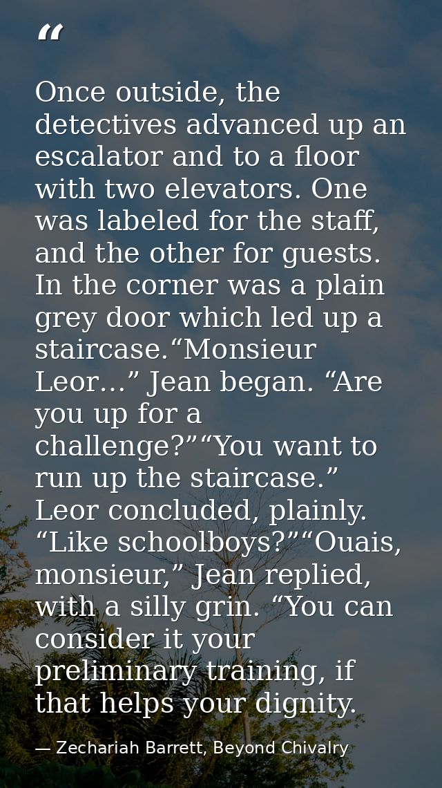 Once outside, the detectives advanced up an escalator and to a floor with two elevators. One was labeled for the staff,  — Zechariah Barrett, Beyond Chivalry