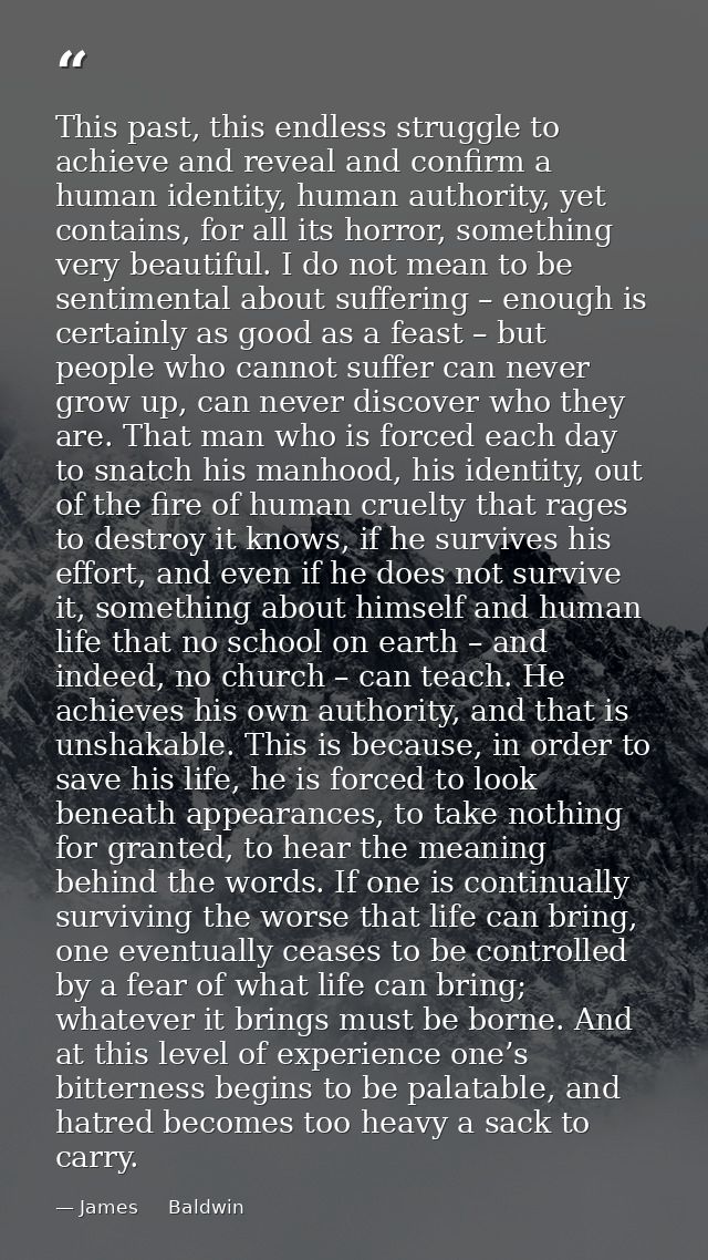 This past, this endless struggle to achieve and reveal and confirm a human identity, human authority, yet contains, for  — James     Baldwin