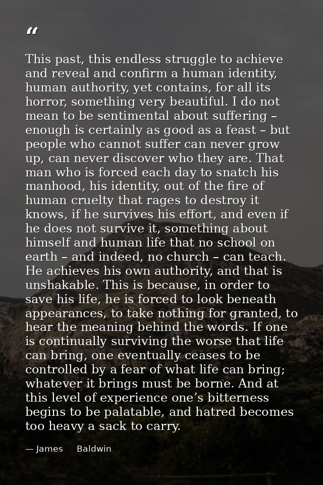 This past, this endless struggle to achieve and reveal and confirm a human identity, human authority, yet contains, for  — James     Baldwin