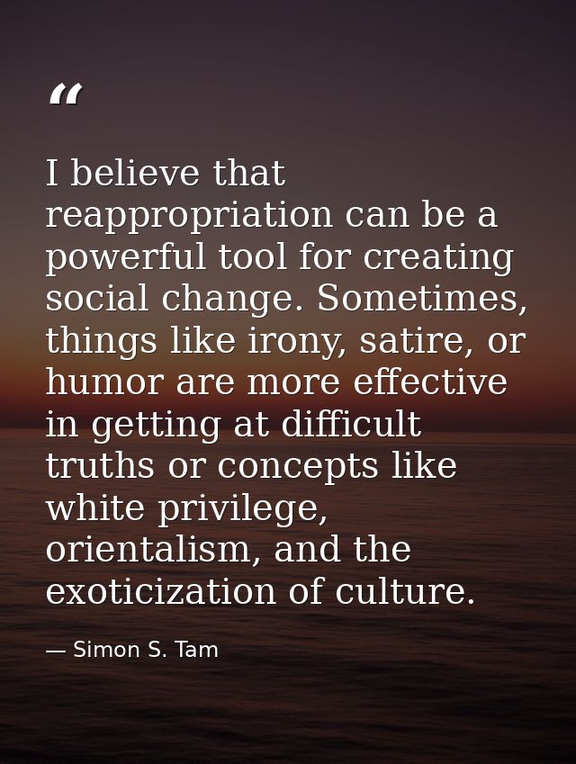 I believe that reappropriation can be a powerful tool for creating social change. Sometimes, things like irony, satire,  — Simon S. Tam