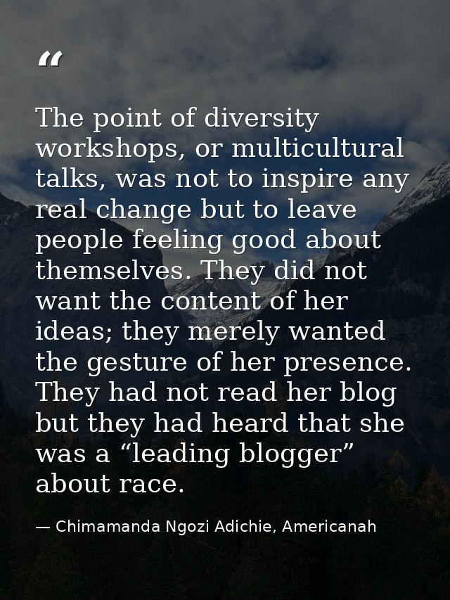 The point of diversity workshops, or multicultural talks, was not to inspire any real change but to leave people feeling — Chimamanda Ngozi Adichie, Americanah