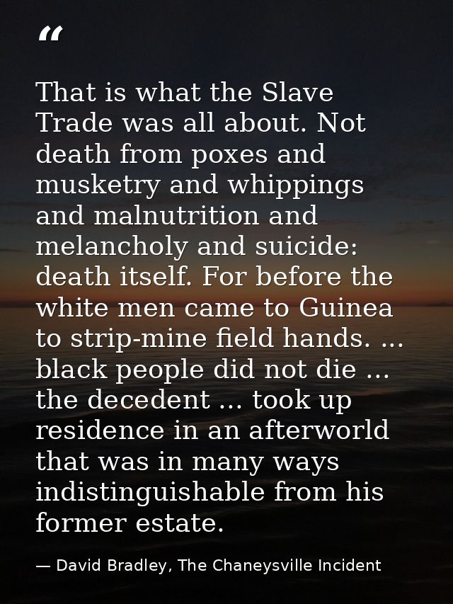 That is what the Slave Trade was all about. Not death from poxes and musketry and whippings and malnutrition and melanch — David Bradley, The Chaneysville Incident