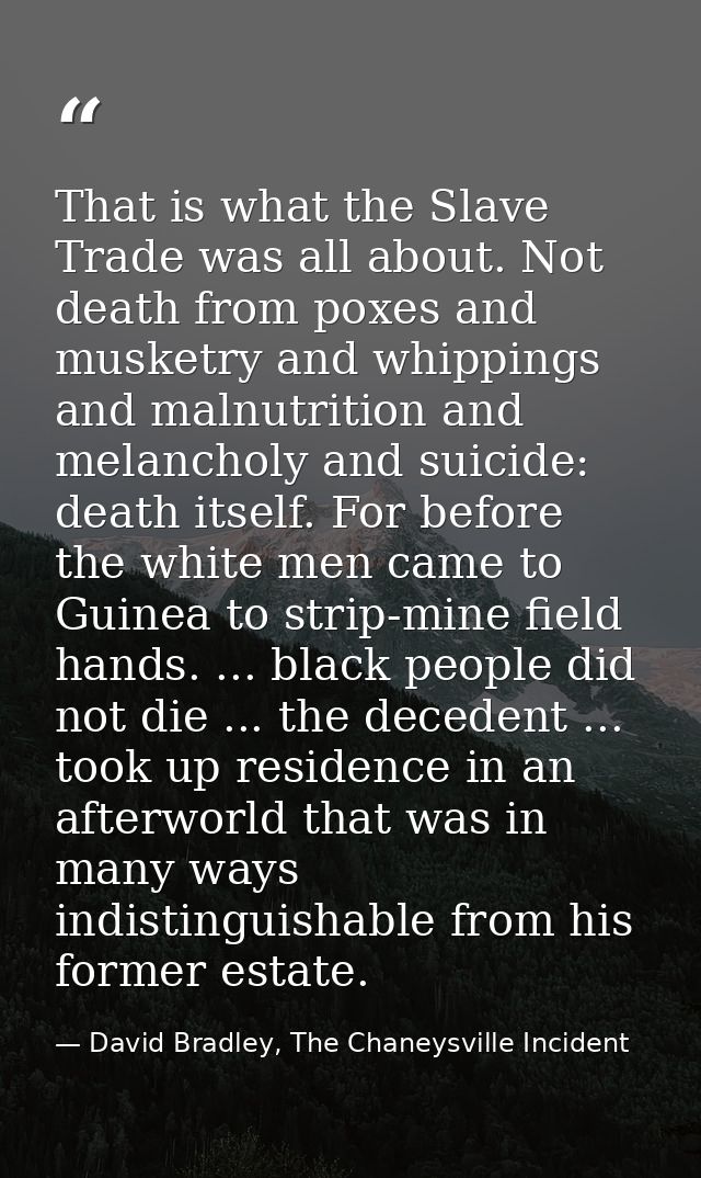 That is what the Slave Trade was all about. Not death from poxes and musketry and whippings and malnutrition and melanch — David Bradley, The Chaneysville Incident