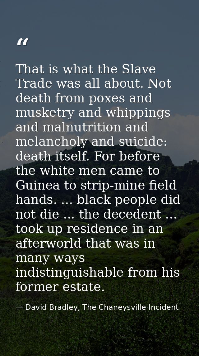 That is what the Slave Trade was all about. Not death from poxes and musketry and whippings and malnutrition and melanch — David Bradley, The Chaneysville Incident