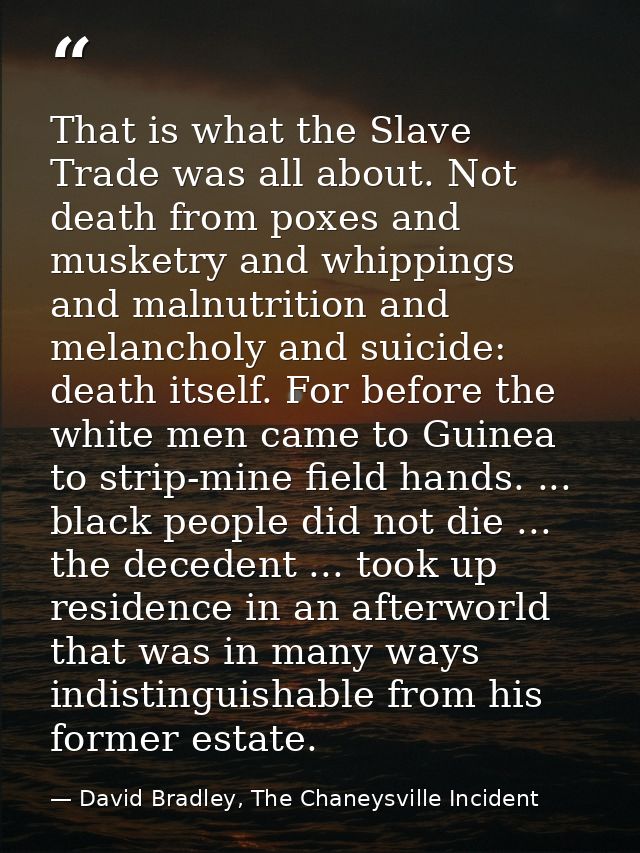 That is what the Slave Trade was all about. Not death from poxes and musketry and whippings and malnutrition and melanch — David Bradley, The Chaneysville Incident