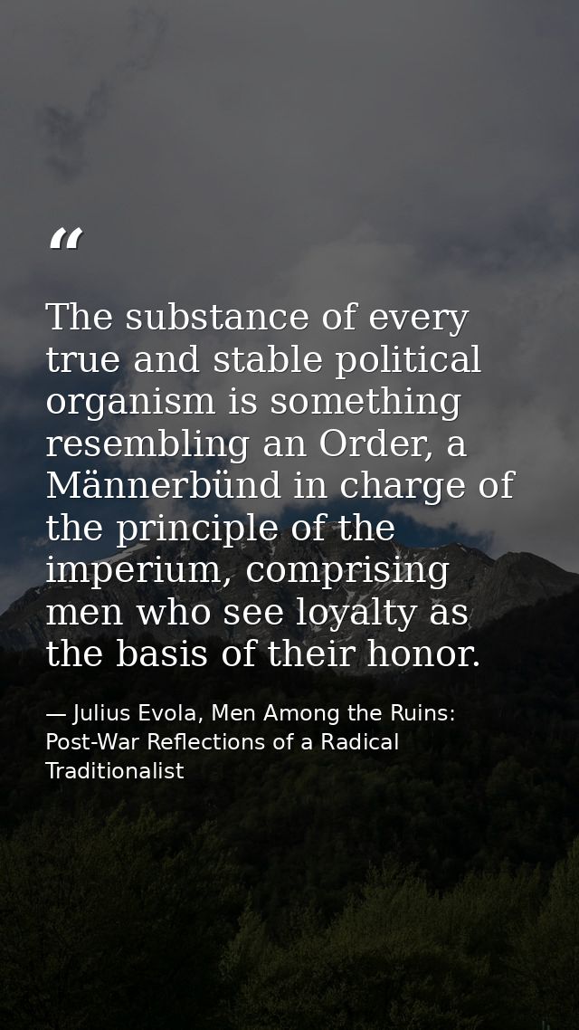 The substance of every true and stable political organism is something resembling an Order, a Männerbünd in charge of th — Julius Evola, Men Among the Ruins: Post-War Reflections of a Radical Traditionalist