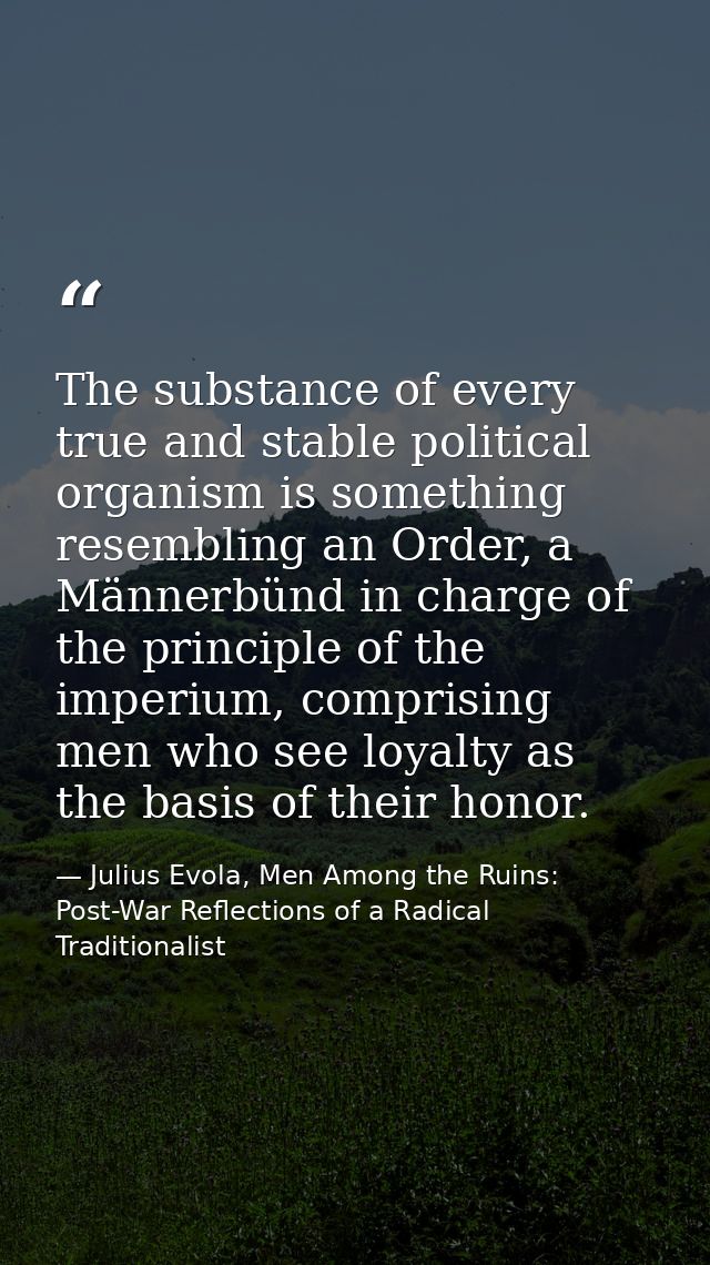 The substance of every true and stable political organism is something resembling an Order, a Männerbünd in charge of th — Julius Evola, Men Among the Ruins: Post-War Reflections of a Radical Traditionalist