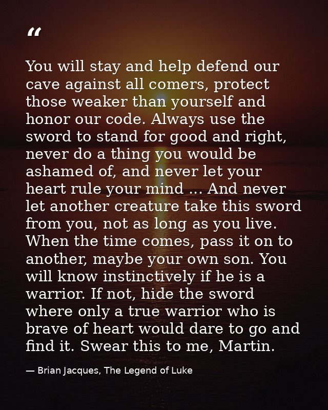 You will stay and help defend our cave against all comers, protect those weaker than yourself and honor our code. Always — Brian Jacques, The Legend of Luke