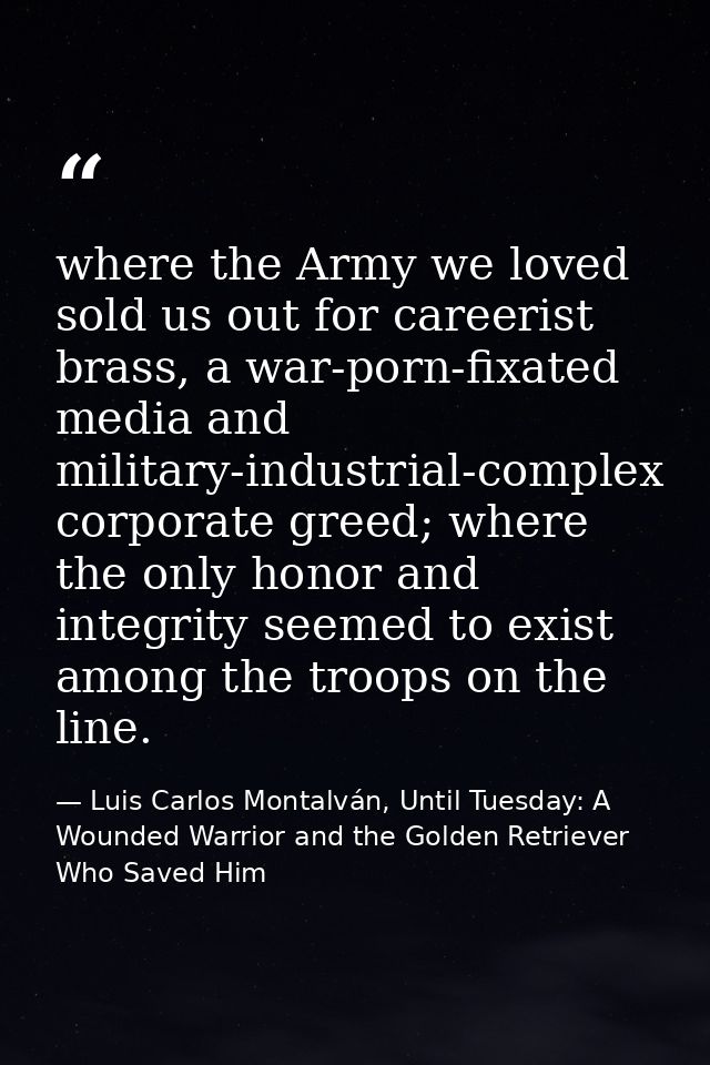 where the Army we loved sold us out for careerist brass, a war-porn-fixated media and military-industrial-complex corpor — Luis Carlos Montalván, Until Tuesday: A Wounded Warrior and the Golden Retriever Who Saved Him