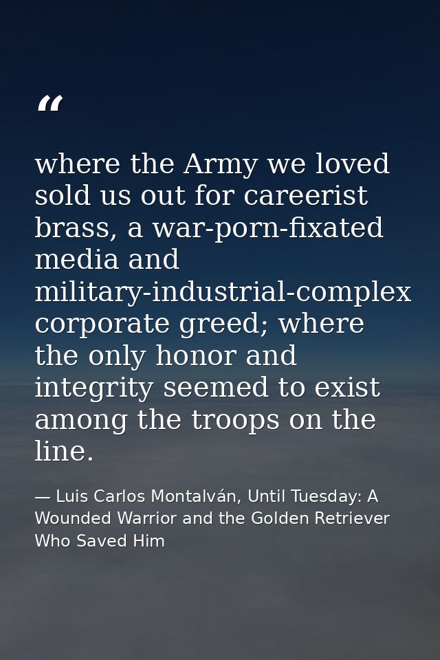where the Army we loved sold us out for careerist brass, a war-porn-fixated media and military-industrial-complex corpor — Luis Carlos Montalván, Until Tuesday: A Wounded Warrior and the Golden Retriever Who Saved Him