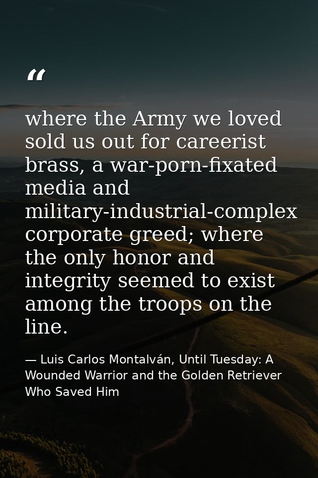 where the Army we loved sold us out for careerist brass, a war-porn-fixated media and military-industrial-complex corpor — Luis Carlos Montalván, Until Tuesday: A Wounded Warrior and the Golden Retriever Who Saved Him