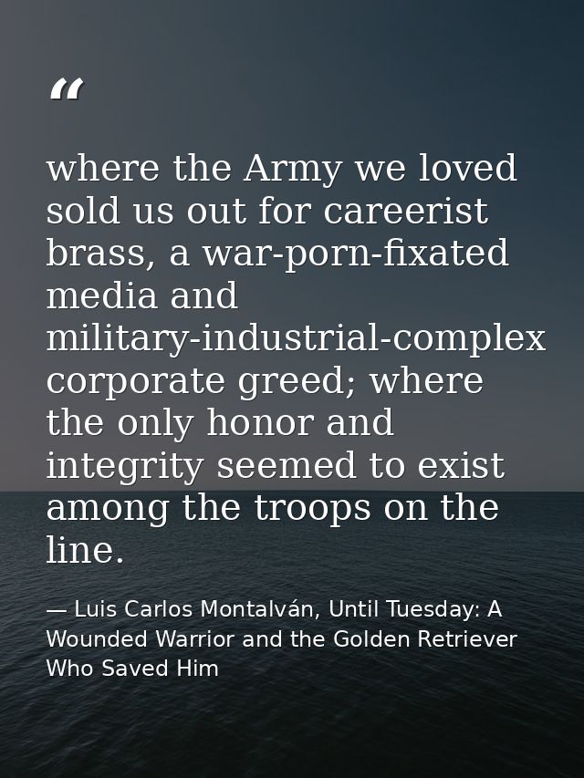 where the Army we loved sold us out for careerist brass, a war-porn-fixated media and military-industrial-complex corpor — Luis Carlos Montalván, Until Tuesday: A Wounded Warrior and the Golden Retriever Who Saved Him