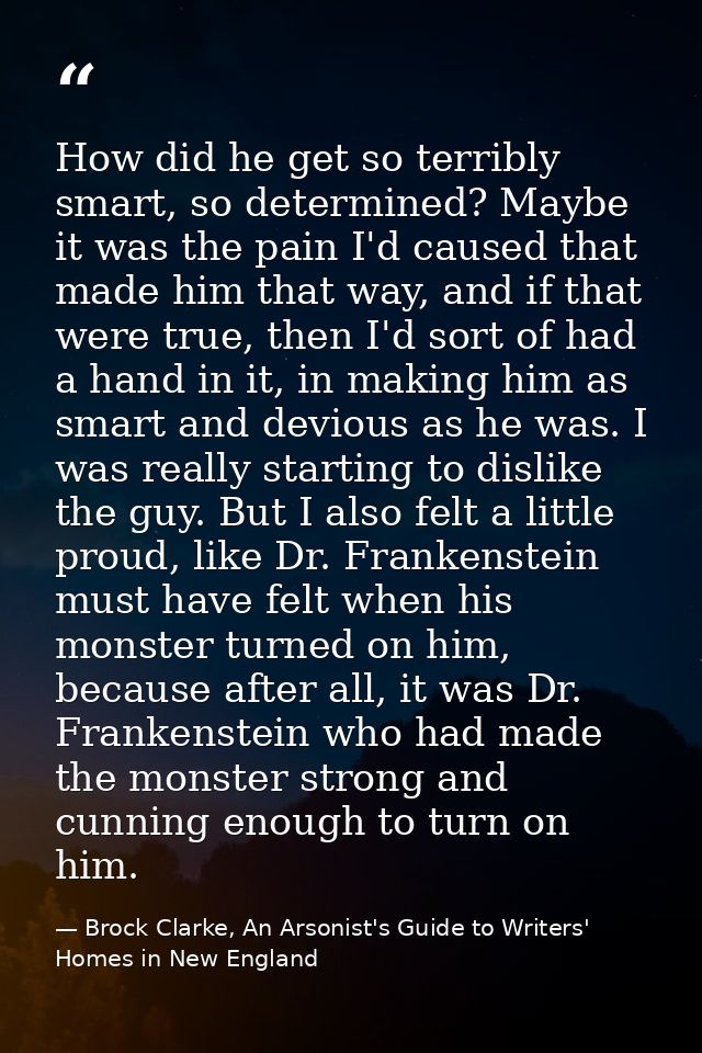 How did he get so terribly smart, so determined? Maybe it was the pain I'd caused that made him that way, and if that we — Brock Clarke, An Arsonist's Guide to Writers' Homes in New England