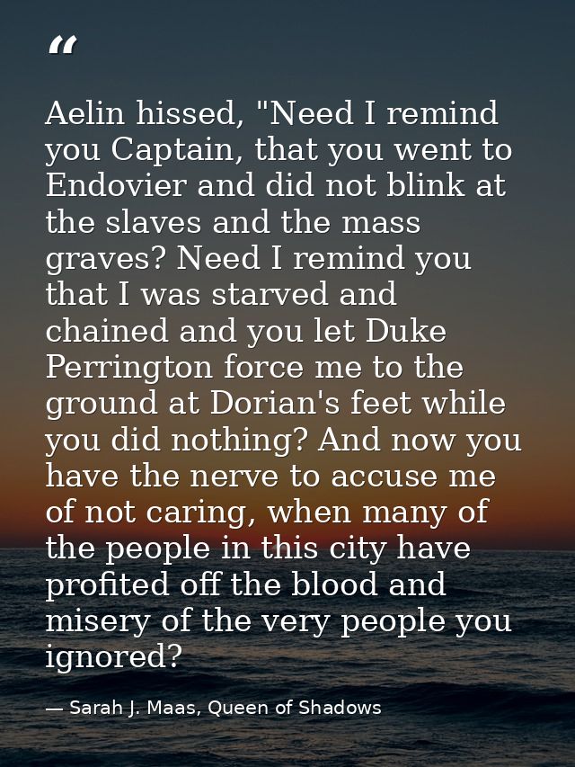 Aelin hissed, "Need I remind you Captain, that you went to Endovier and did not blink at the slaves and the mass graves? — Sarah J. Maas, Queen of Shadows