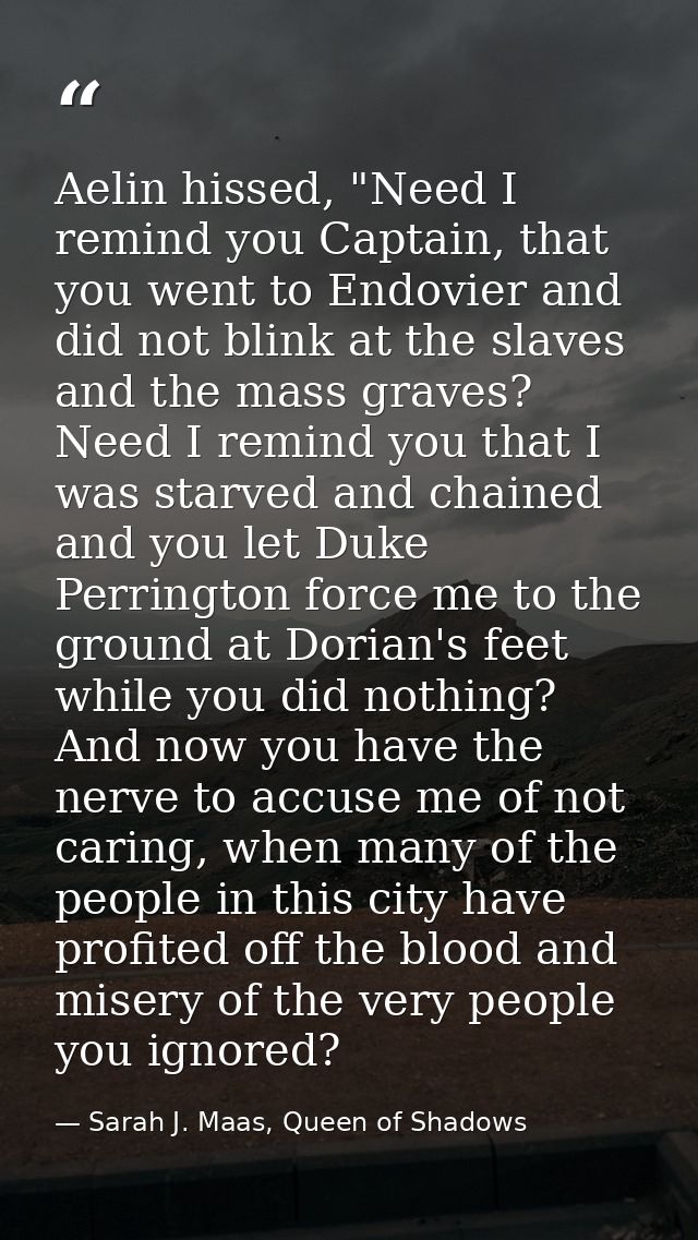 Aelin hissed, "Need I remind you Captain, that you went to Endovier and did not blink at the slaves and the mass graves? — Sarah J. Maas, Queen of Shadows
