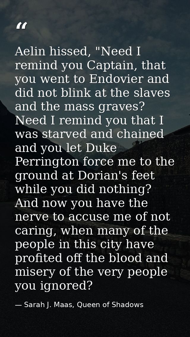 Aelin hissed, "Need I remind you Captain, that you went to Endovier and did not blink at the slaves and the mass graves? — Sarah J. Maas, Queen of Shadows