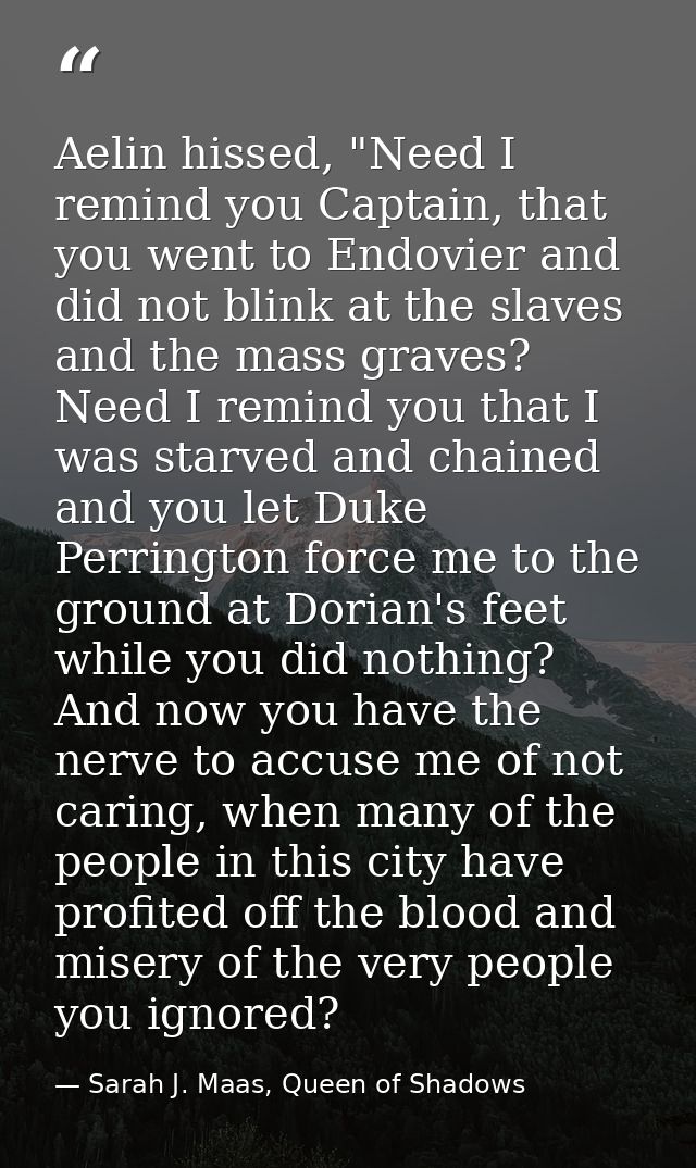 Aelin hissed, "Need I remind you Captain, that you went to Endovier and did not blink at the slaves and the mass graves? — Sarah J. Maas, Queen of Shadows