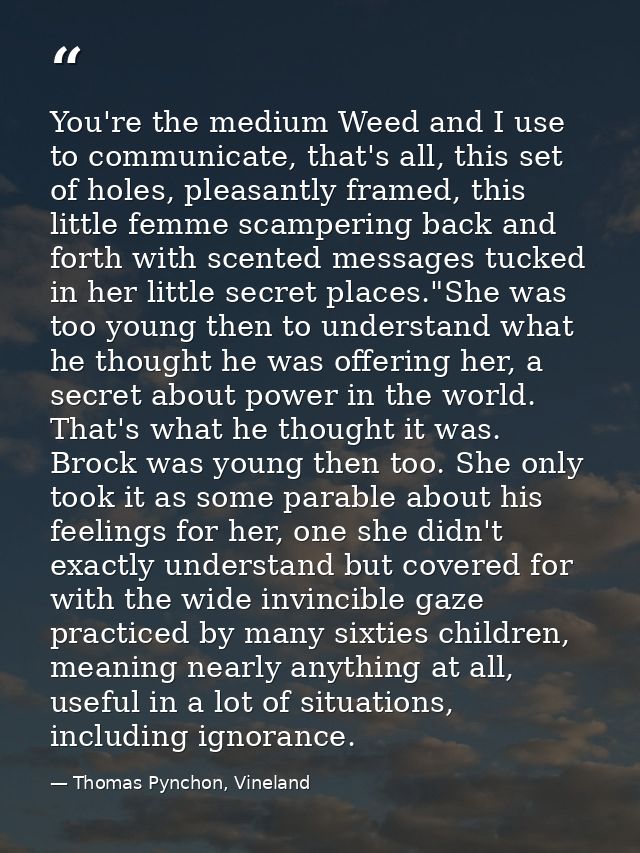You're the medium Weed and I use to communicate, that's all, this set of holes, pleasantly framed, this little femme sca — Thomas Pynchon, Vineland