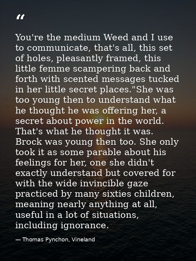 You're the medium Weed and I use to communicate, that's all, this set of holes, pleasantly framed, this little femme sca — Thomas Pynchon, Vineland