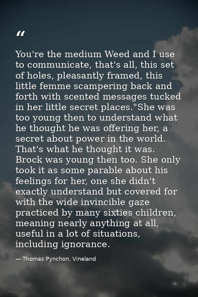 You're the medium Weed and I use to communicate, that's all, this set of holes, pleasantly framed, this little femme sca — Thomas Pynchon, Vineland