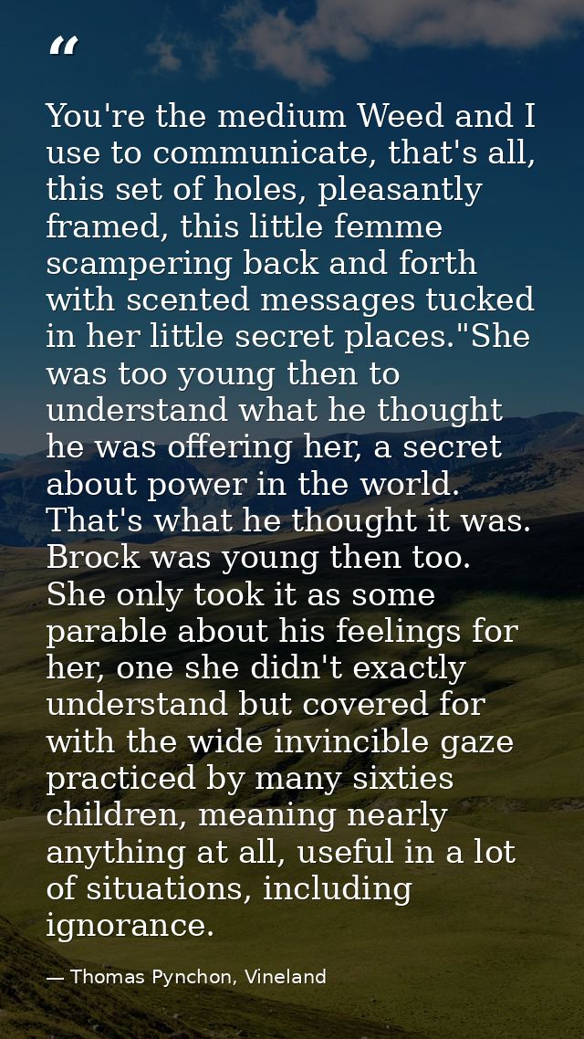 You're the medium Weed and I use to communicate, that's all, this set of holes, pleasantly framed, this little femme sca — Thomas Pynchon, Vineland