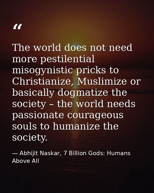 The world does not need more pestilential misogynistic pricks to Christianize, Muslimize or basically dogmatize the soci — Abhijit Naskar, 7 Billion Gods: Humans Above All