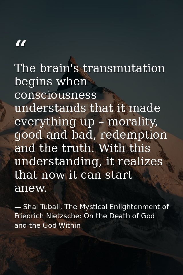 The brain's transmutation begins when consciousness understands that it made everything up – morality, good and bad, red — Shai Tubali, The Mystical Enlightenment of Friedrich Nietzsche: On the Death of God and the God Within