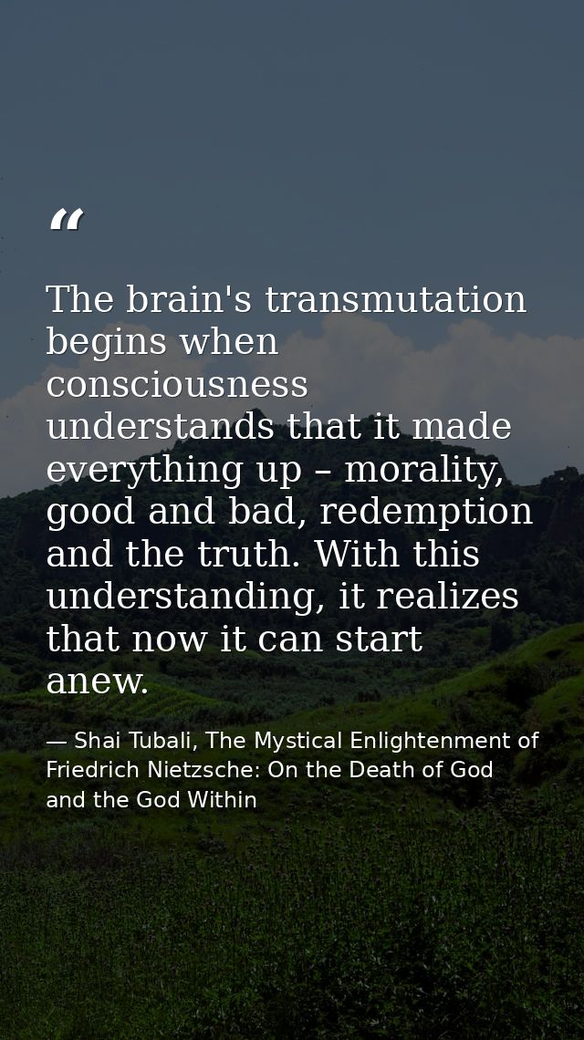 The brain's transmutation begins when consciousness understands that it made everything up – morality, good and bad, red — Shai Tubali, The Mystical Enlightenment of Friedrich Nietzsche: On the Death of God and the God Within