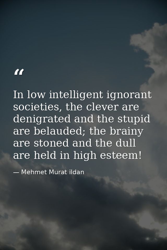 In low intelligent ignorant societies, the clever are denigrated and the stupid are belauded; the brainy are stoned and  — Mehmet Murat ildan