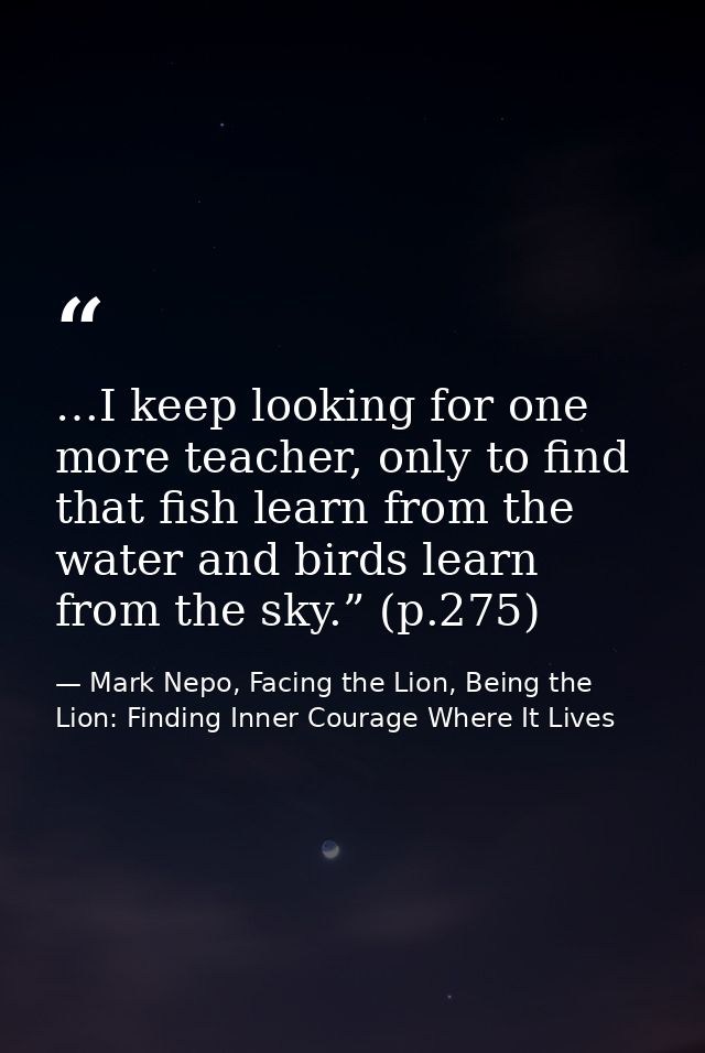 …I keep looking for one more teacher, only to find that fish learn from the water and birds learn from the sky.” (p.275) — Mark Nepo, Facing the Lion, Being the Lion: Finding Inner Courage Where It Lives