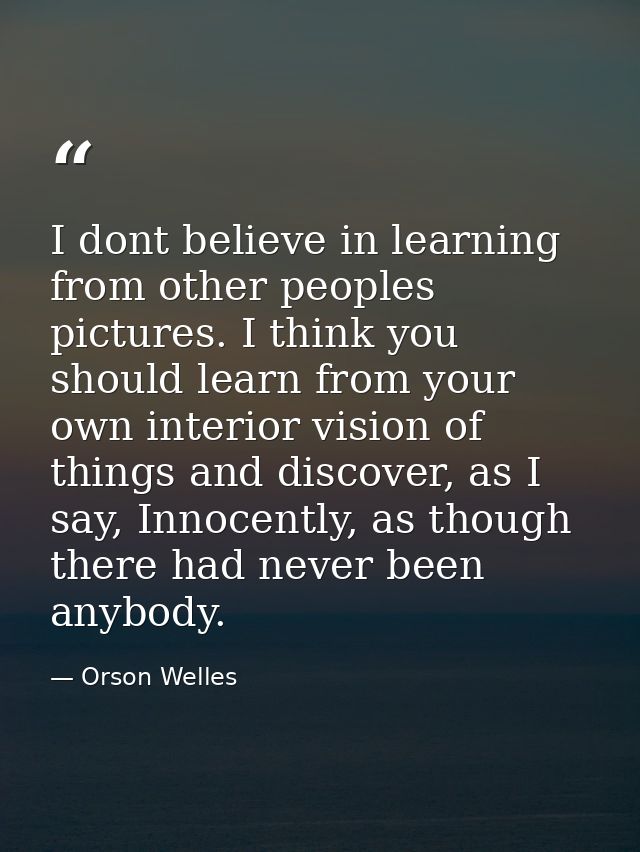 I dont believe in learning from other peoples pictures. I think you should learn from your own interior vision of things — Orson Welles