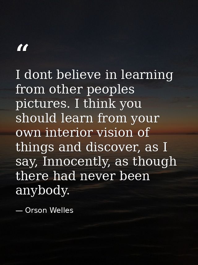 I dont believe in learning from other peoples pictures. I think you should learn from your own interior vision of things — Orson Welles