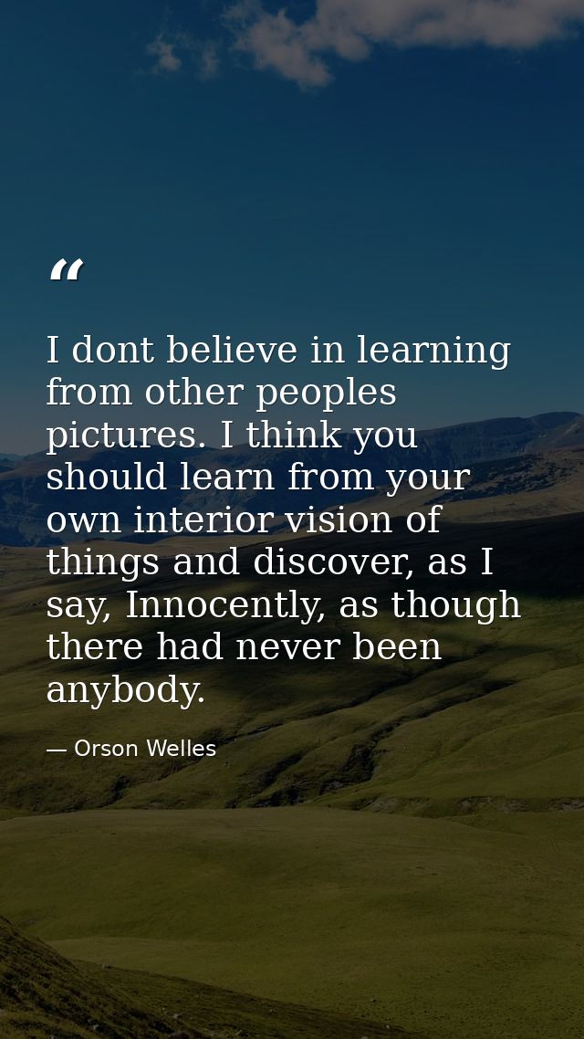 I dont believe in learning from other peoples pictures. I think you should learn from your own interior vision of things — Orson Welles