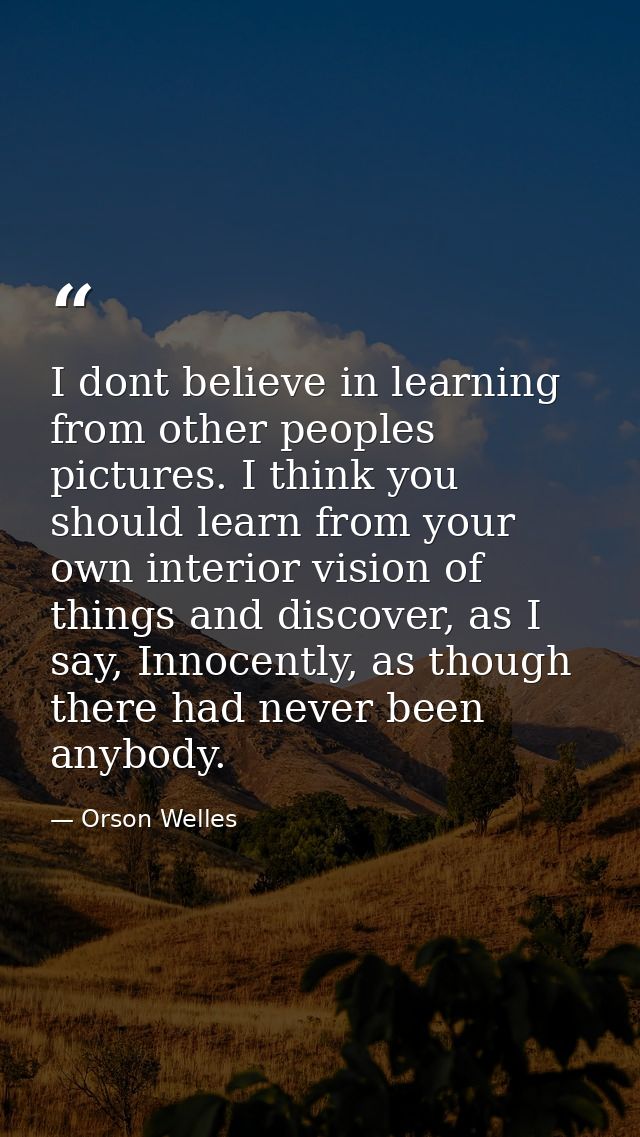 I dont believe in learning from other peoples pictures. I think you should learn from your own interior vision of things — Orson Welles