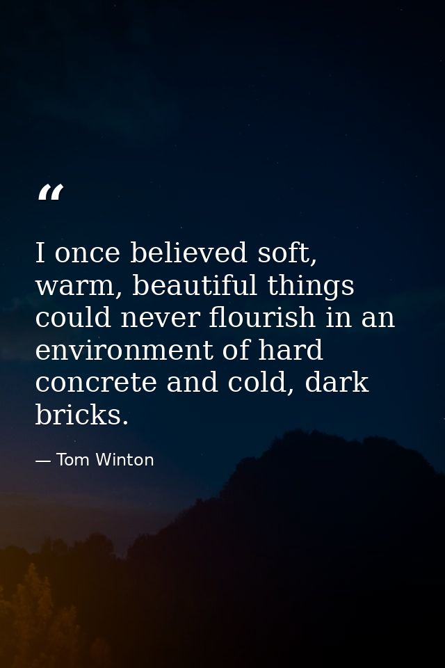 I once believed soft, warm, beautiful things could never flourish in an environment of hard concrete and cold, dark bric — Tom Winton