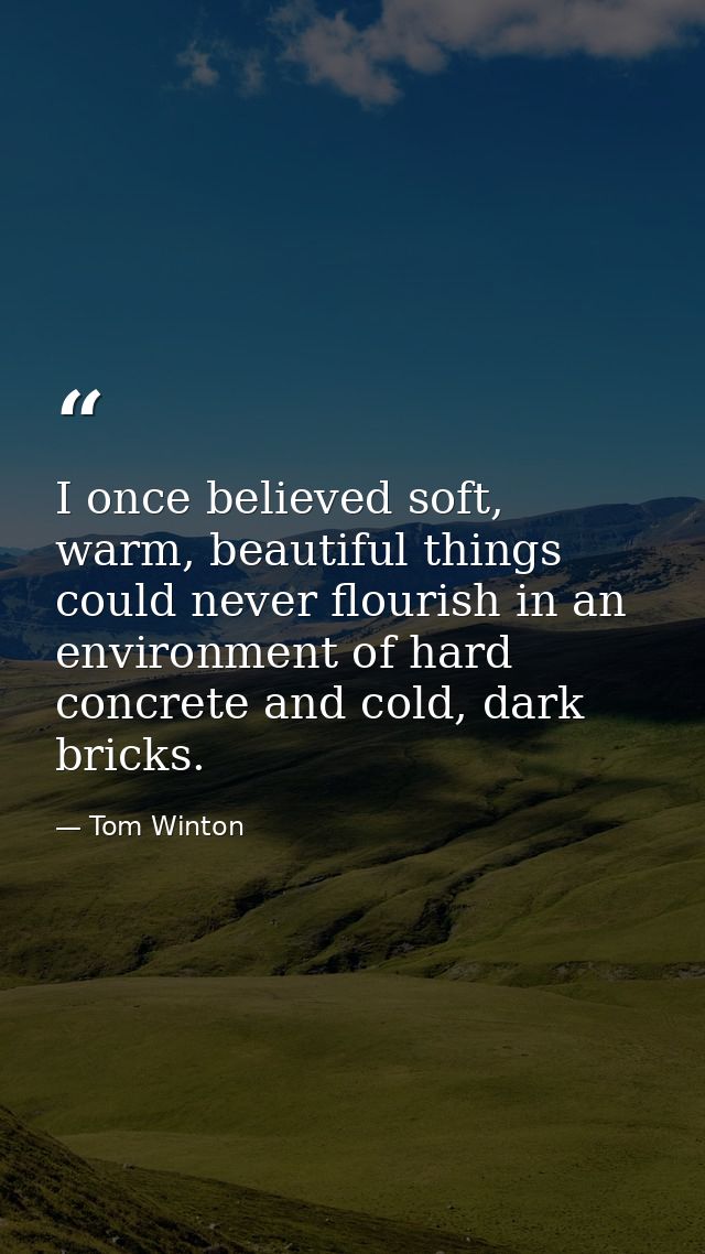 I once believed soft, warm, beautiful things could never flourish in an environment of hard concrete and cold, dark bric — Tom Winton