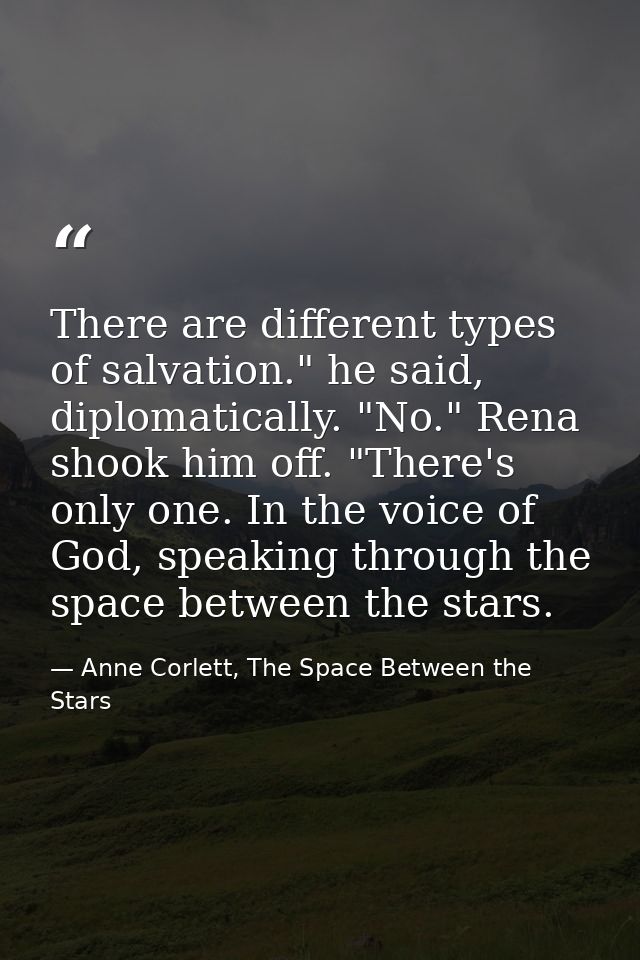 There are different types of salvation." he said, diplomatically. "No." Rena shook him off. "There's only one. In the vo — Anne Corlett, The Space Between the Stars